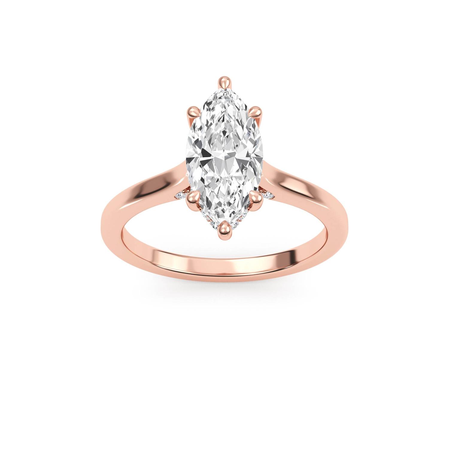 Jetty, Six Prong Marquise Solitaire, Hidden Halo, One Small Stone Each Side in Rose Gold, marquise, plain background