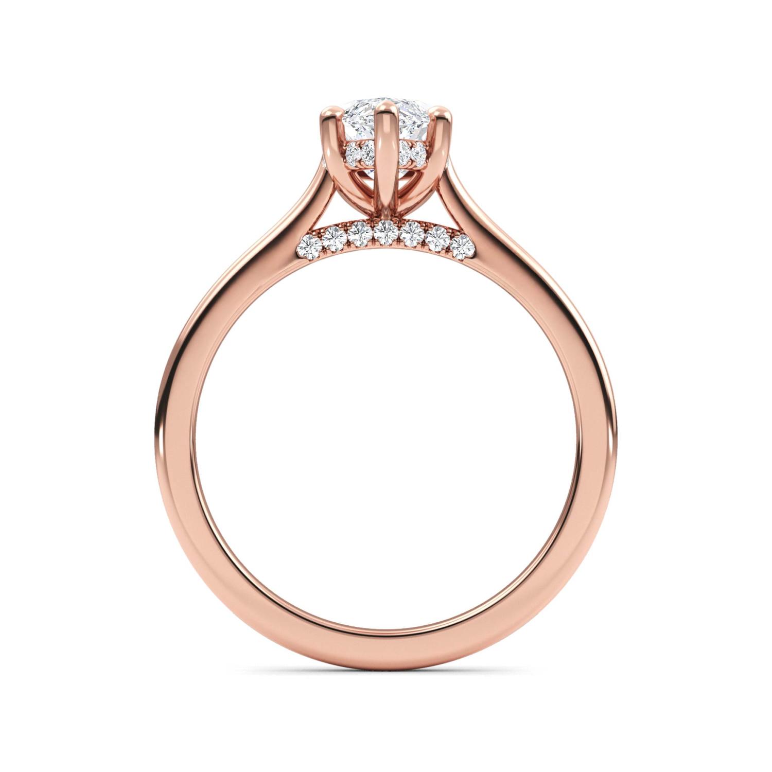 Jetty, Six Prong Marquise Solitaire, Hidden Halo, One Small Stone Each Side in Rose Gold, marquise, plain background, alternate view