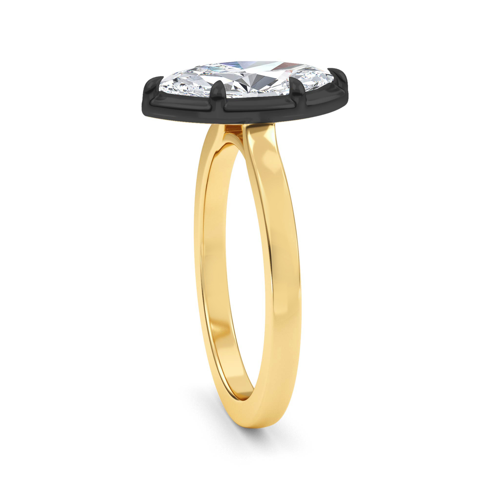 Loom, Four Prong Marquise Solitaire, Black Rhodium Head in Yellow Gold, marquise, plain background, alternate view