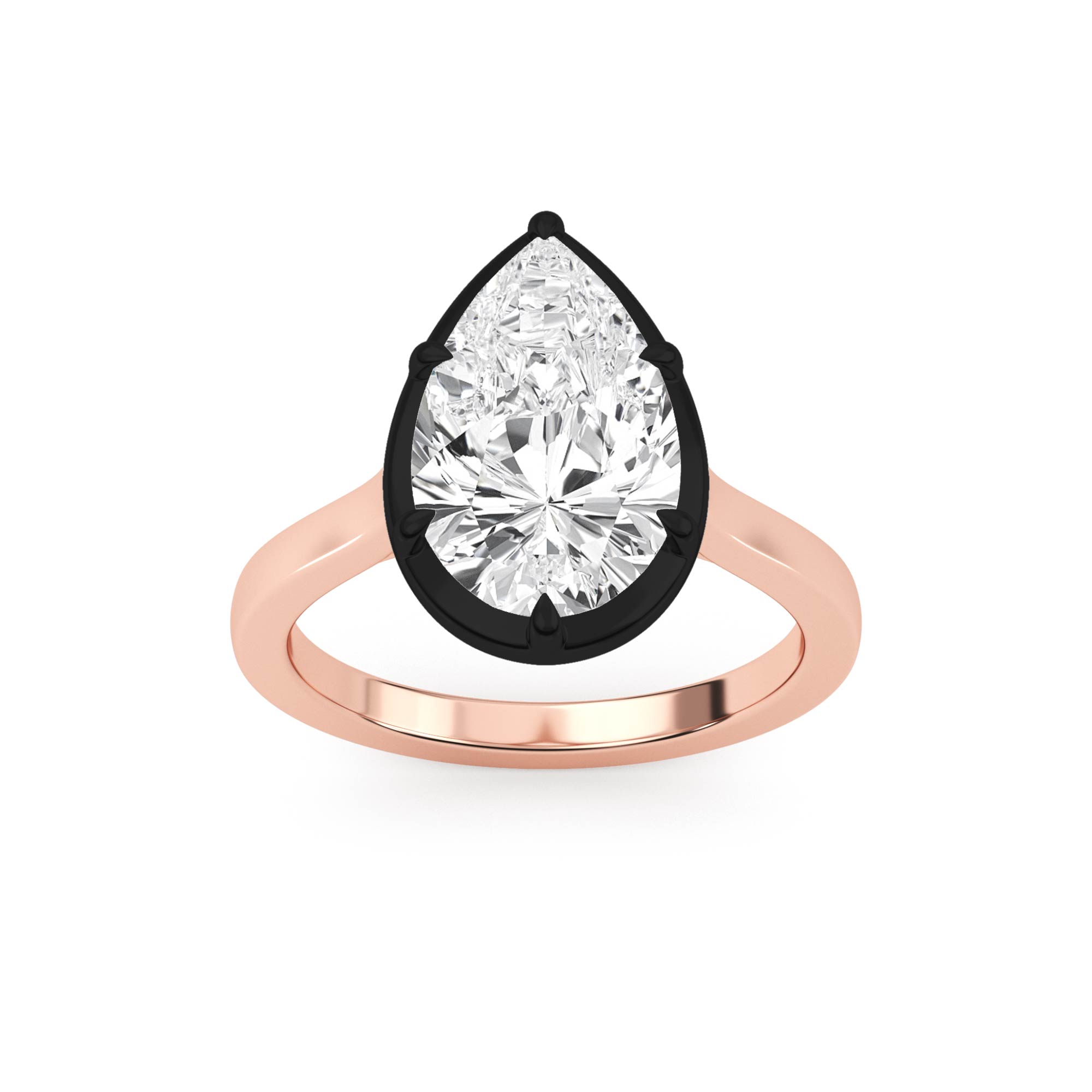 Larch, Five Prong Pear Solitaire, Black Rhodium Head in Rose Gold, pear, plain background