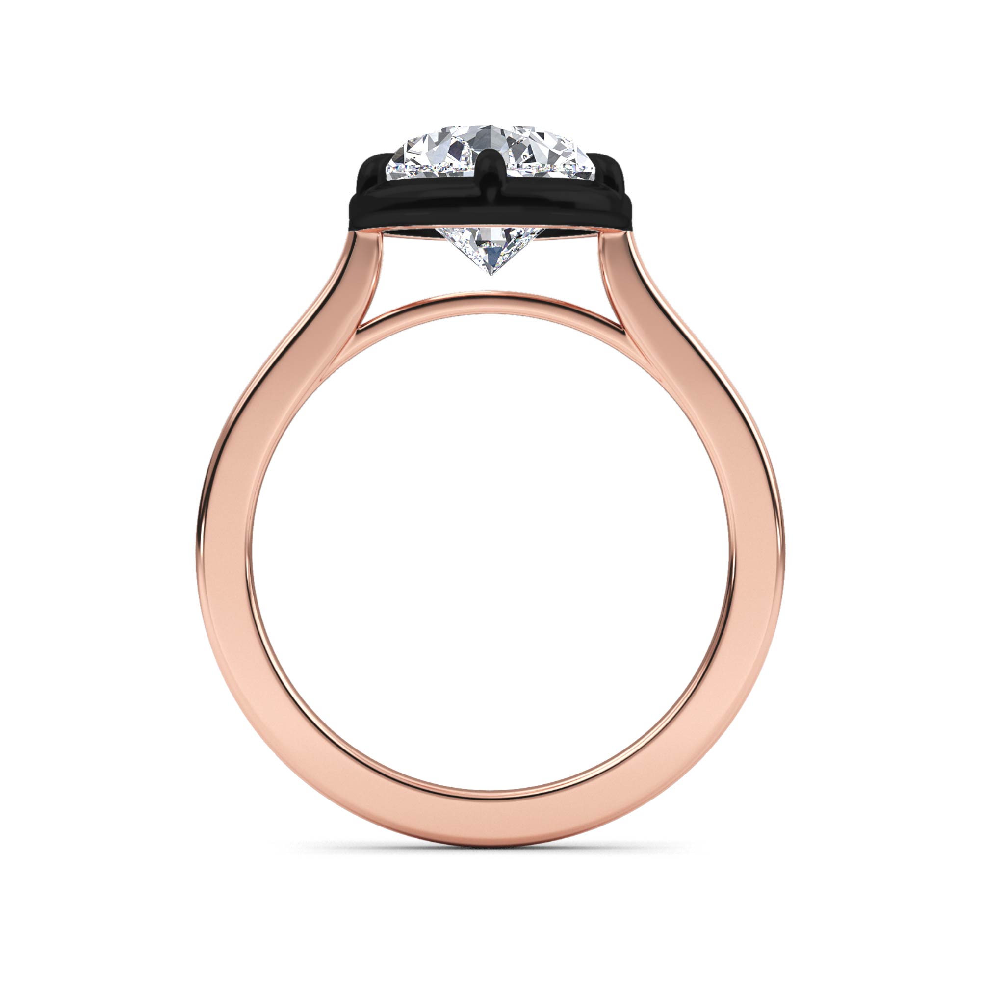 Larch, Five Prong Pear Solitaire, Black Rhodium Head in Rose Gold, pear, plain background, alternate view