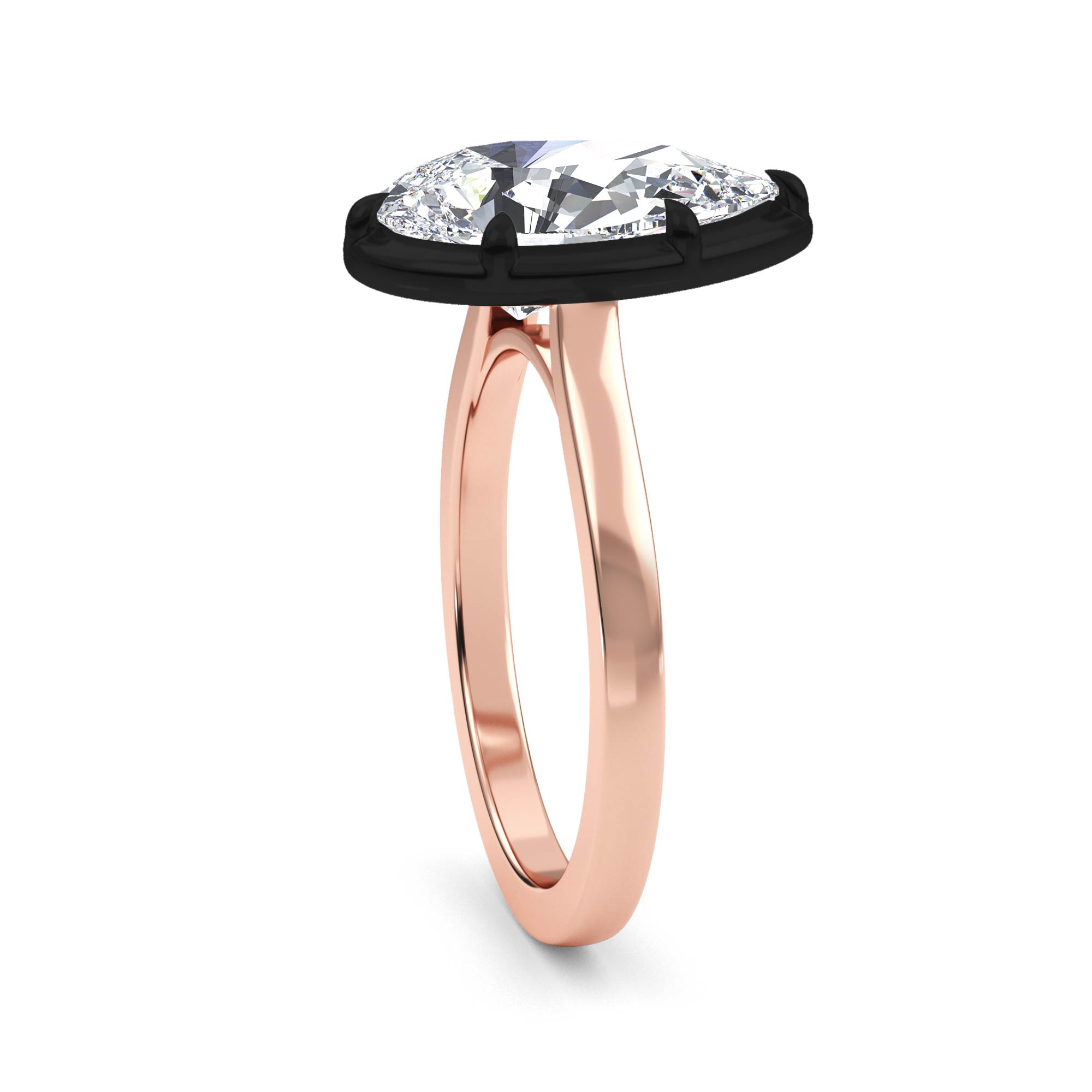 Larch, Five Prong Pear Solitaire, Black Rhodium Head in Rose Gold, pear, plain background, alternate view