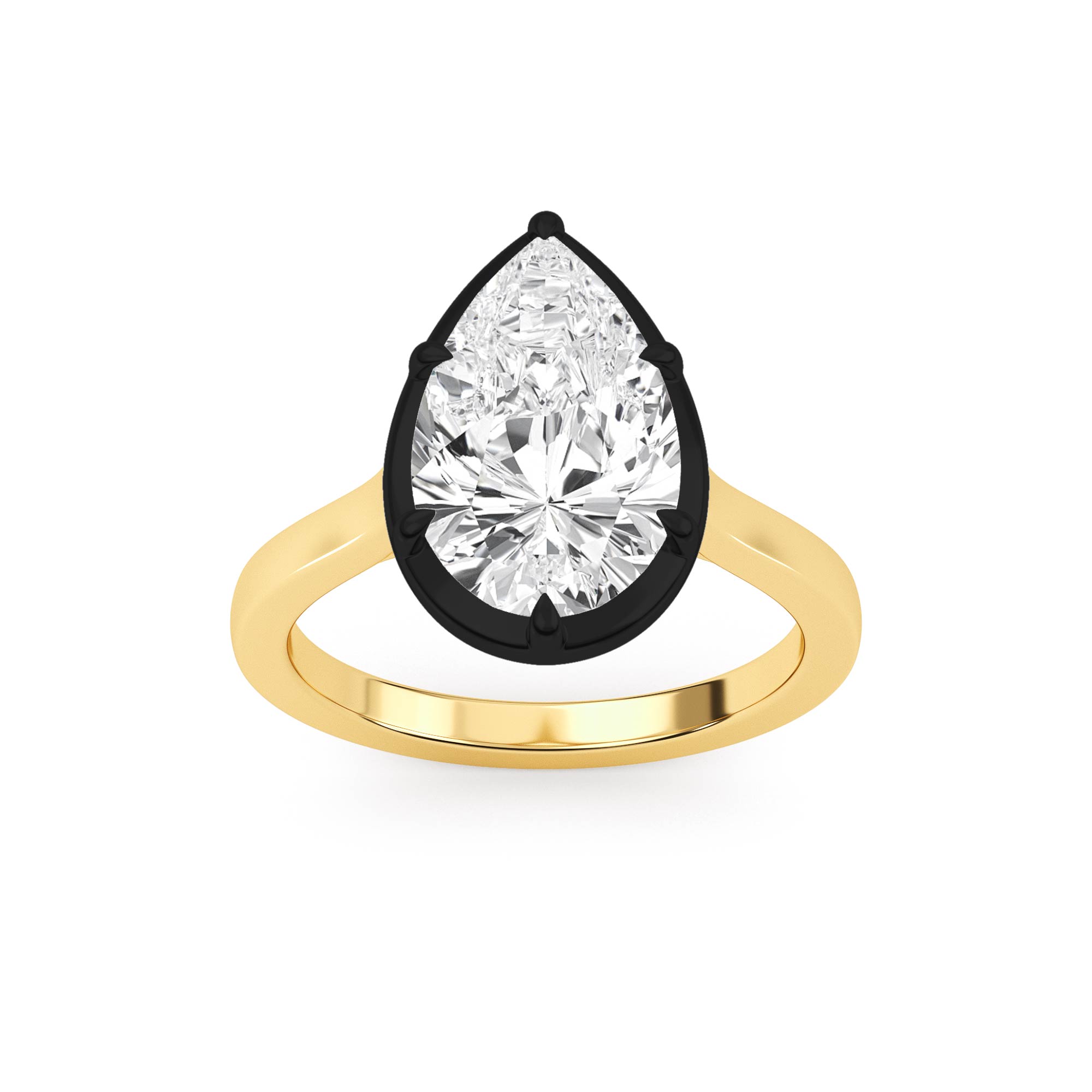 Larch, Five Prong Pear Solitaire, Black Rhodium Head in Yellow Gold, pear, plain background