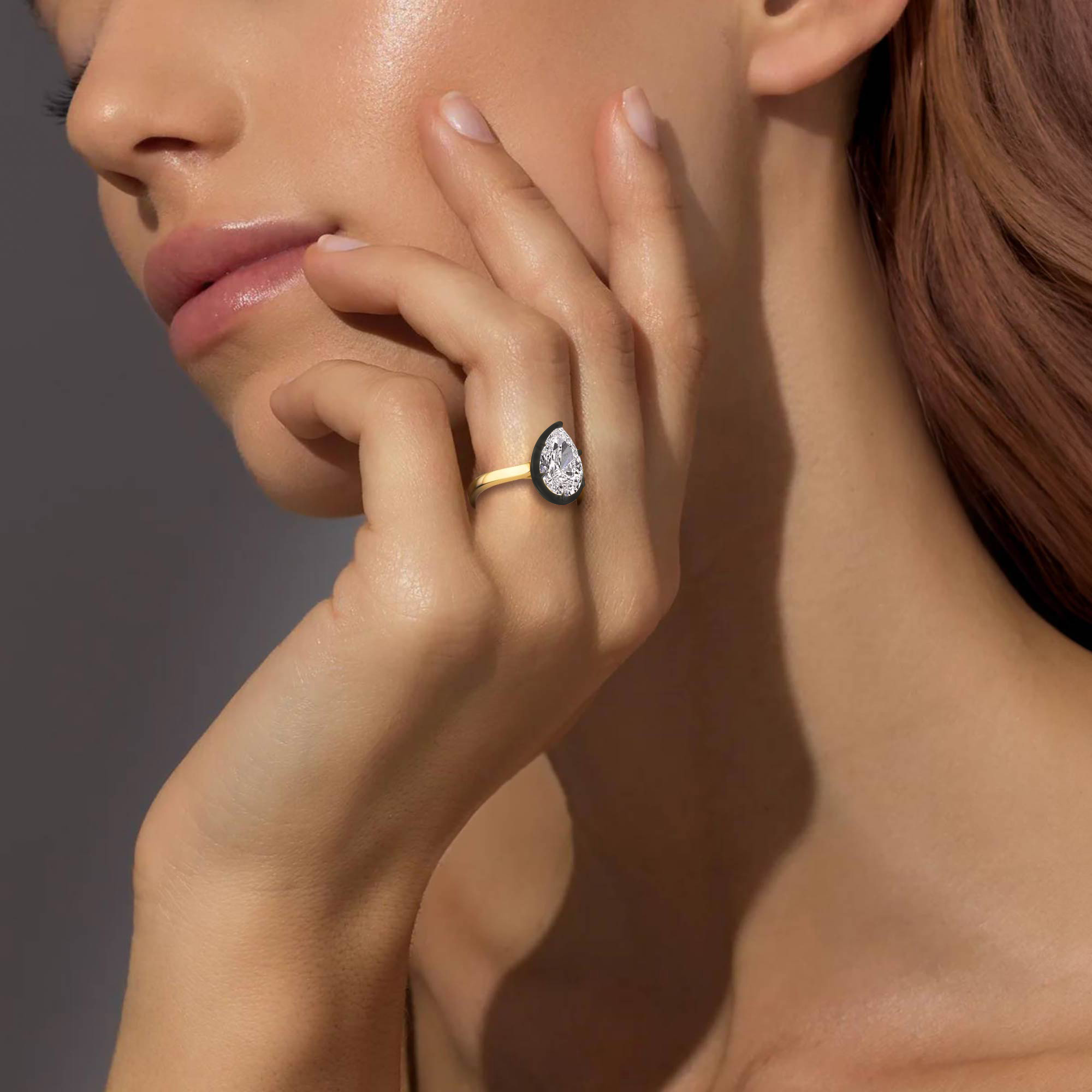 Larch, Five Prong Pear Solitaire, Black Rhodium Head in Yellow Gold, pear, plain background, alternate view