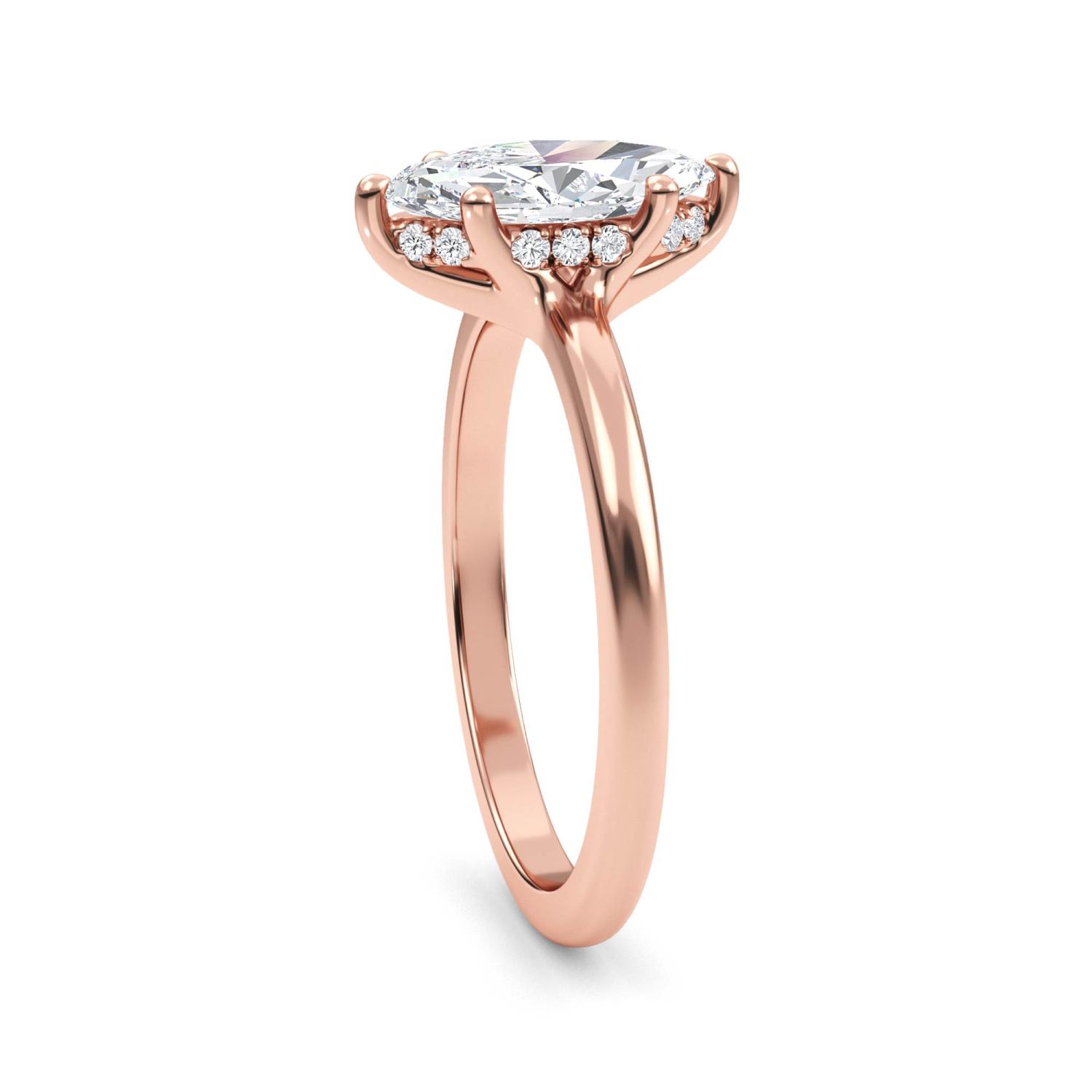 Krista, Six Prong Marquise Solitaire, Hidden Halo, Fine Cathedral Band in Rose Gold, marquise, plain background, alternate view