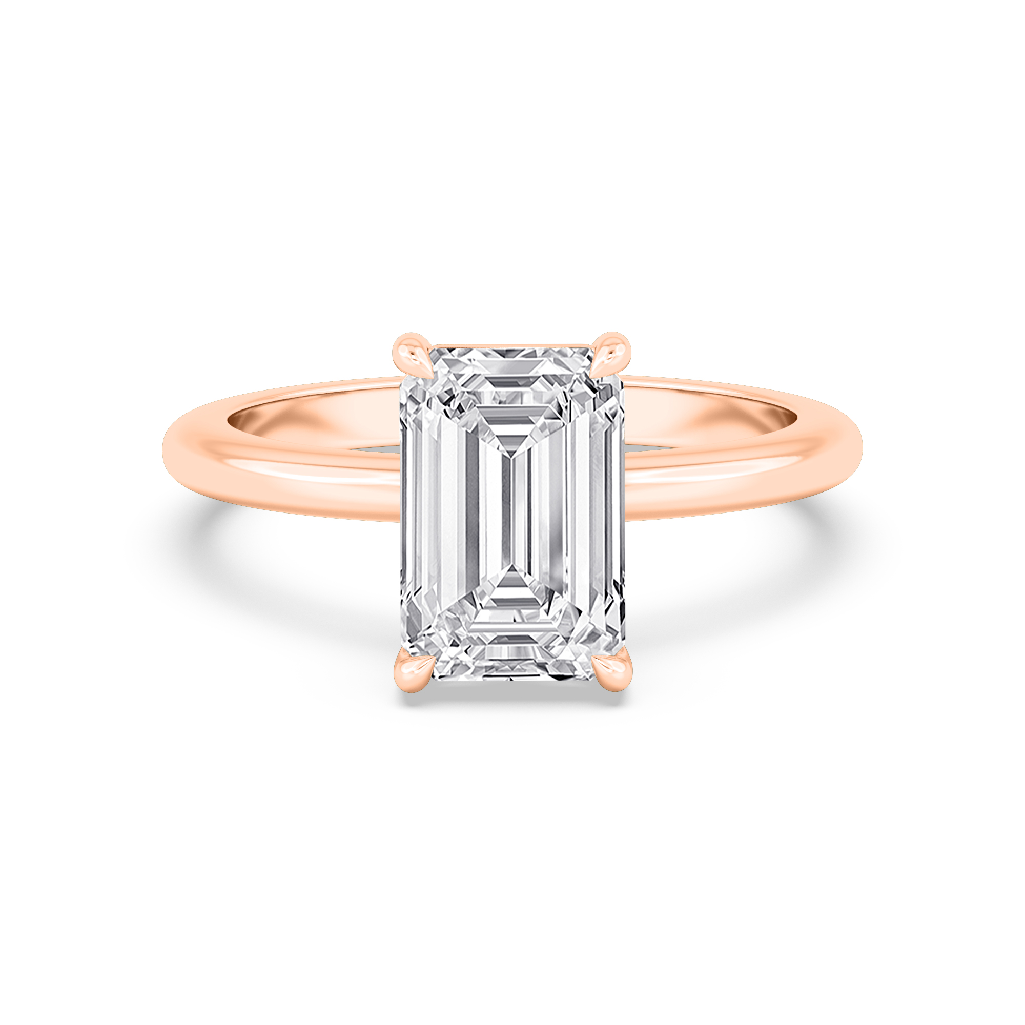 Mallow, Four Prong Emerald Solitaire, Fine Band in Rose Gold, emerald, plain background