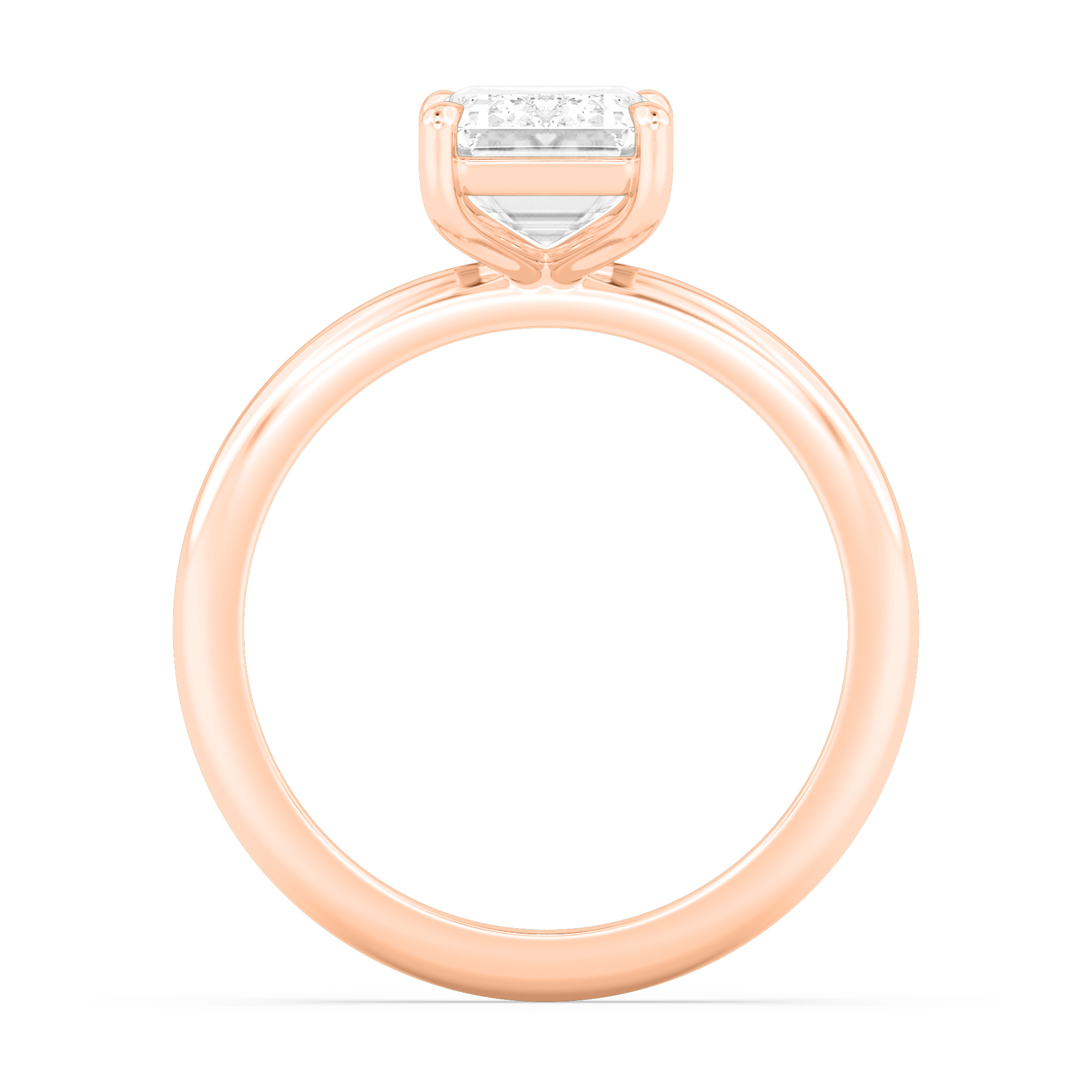 Mallow, Four Prong Emerald Solitaire, Fine Band in Rose Gold, emerald, plain background, alternate view
