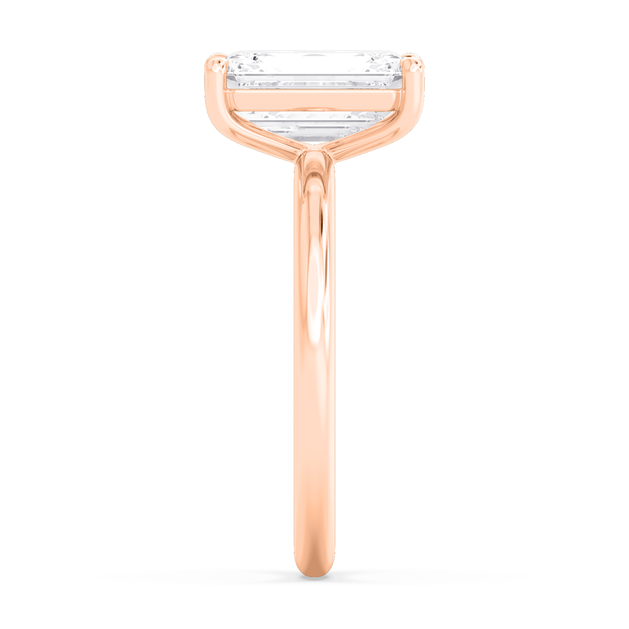 Mallow, Four Prong Emerald Solitaire, Fine Band in Rose Gold, emerald, plain background, alternate view