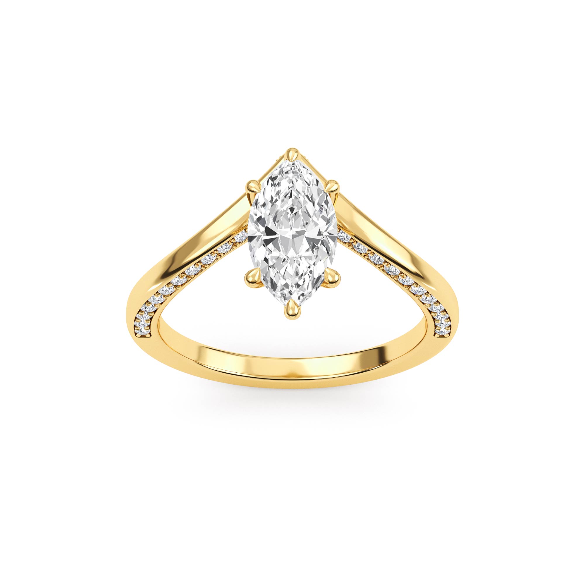 Plume, Four Prong Marquise Solitaire, Pavé Band in Yellow Gold, marquise, plain background