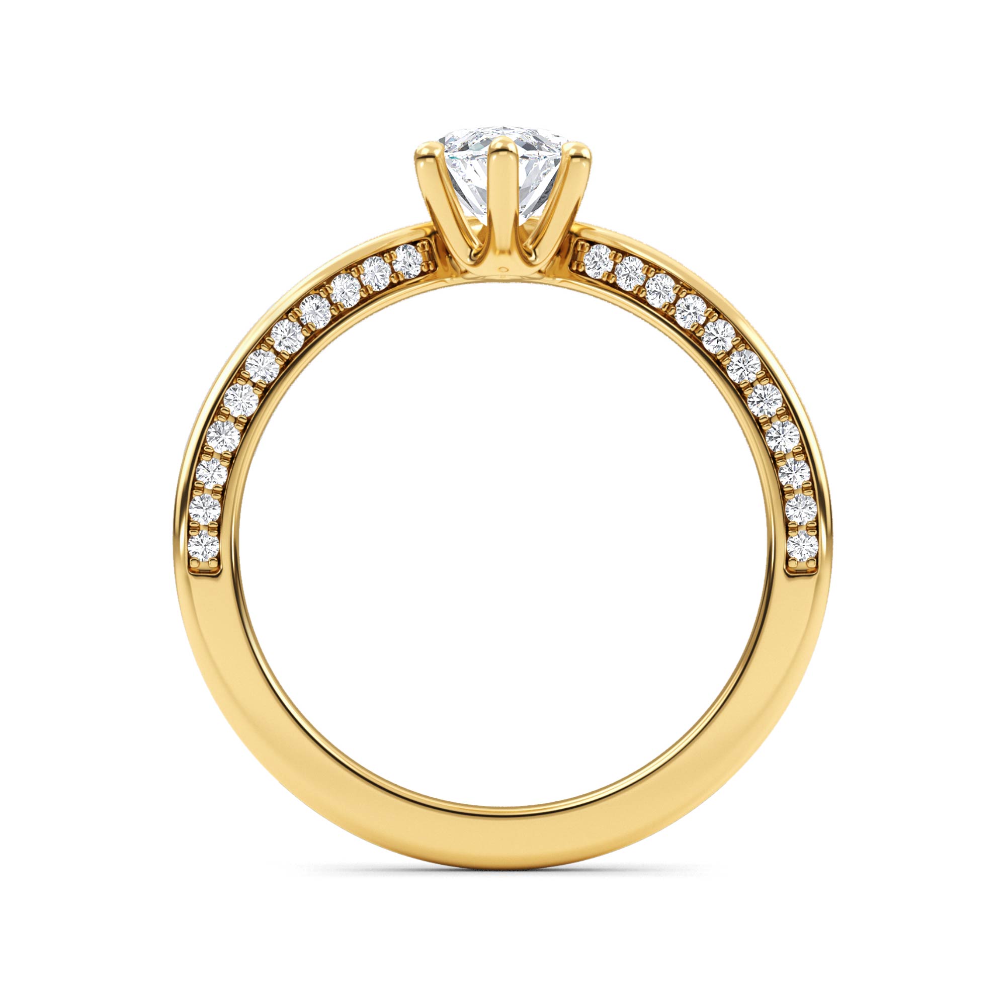Plume, Four Prong Marquise Solitaire, Pavé Band in Yellow Gold, marquise, plain background, alternate view
