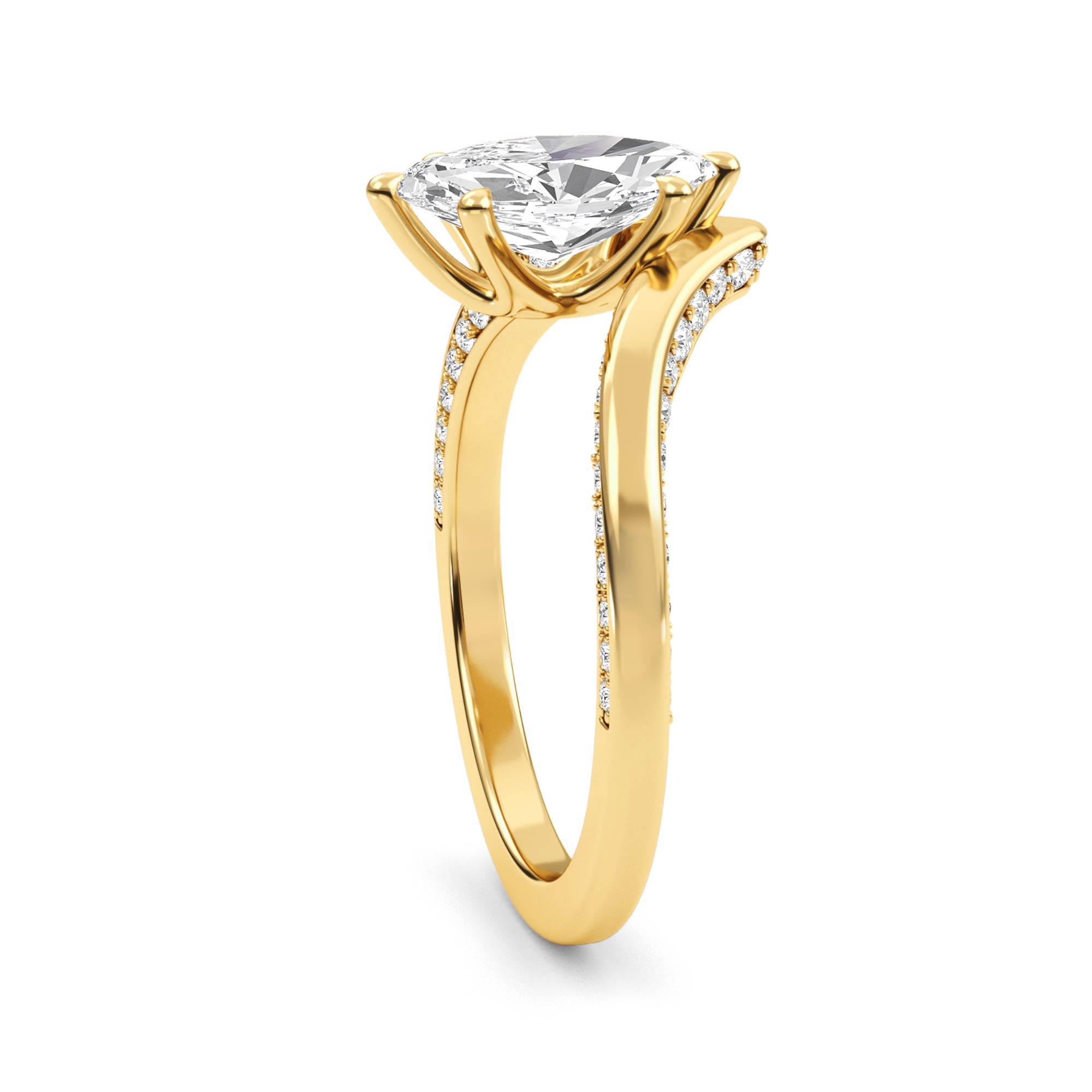 Plume, Four Prong Marquise Solitaire, Pavé Band in Yellow Gold, marquise, plain background, alternate view