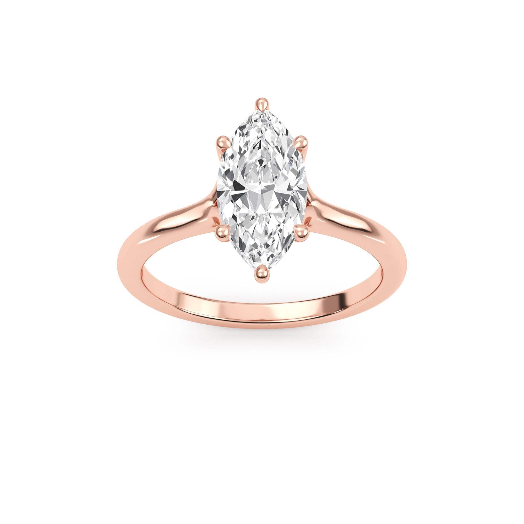 Shore, Six Prong Marquise Solitaire, One Small Stone Each Side in Rose Gold, marquise, plain background