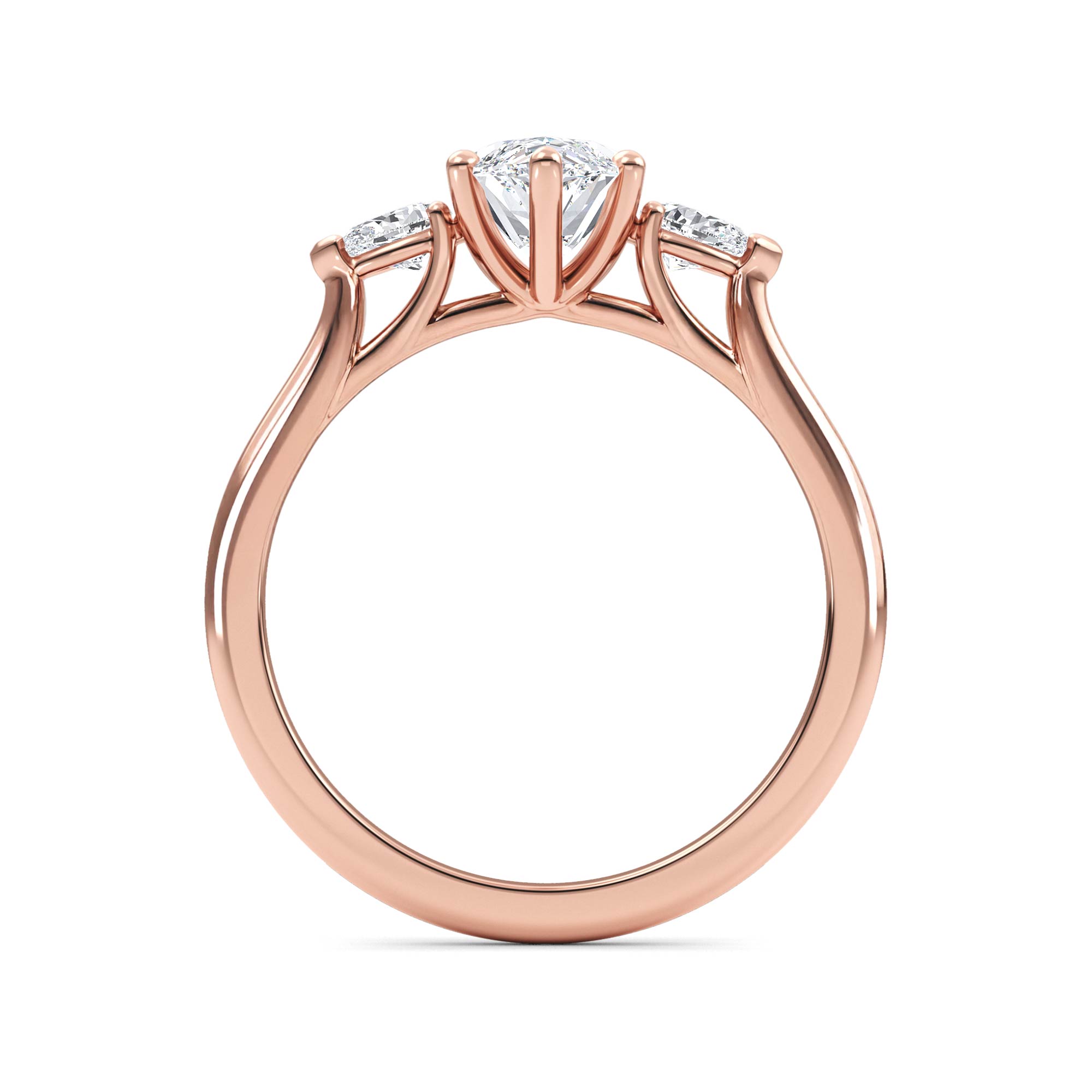 Shore, Six Prong Marquise Solitaire, One Small Stone Each Side in Rose Gold, marquise, plain background, alternate view