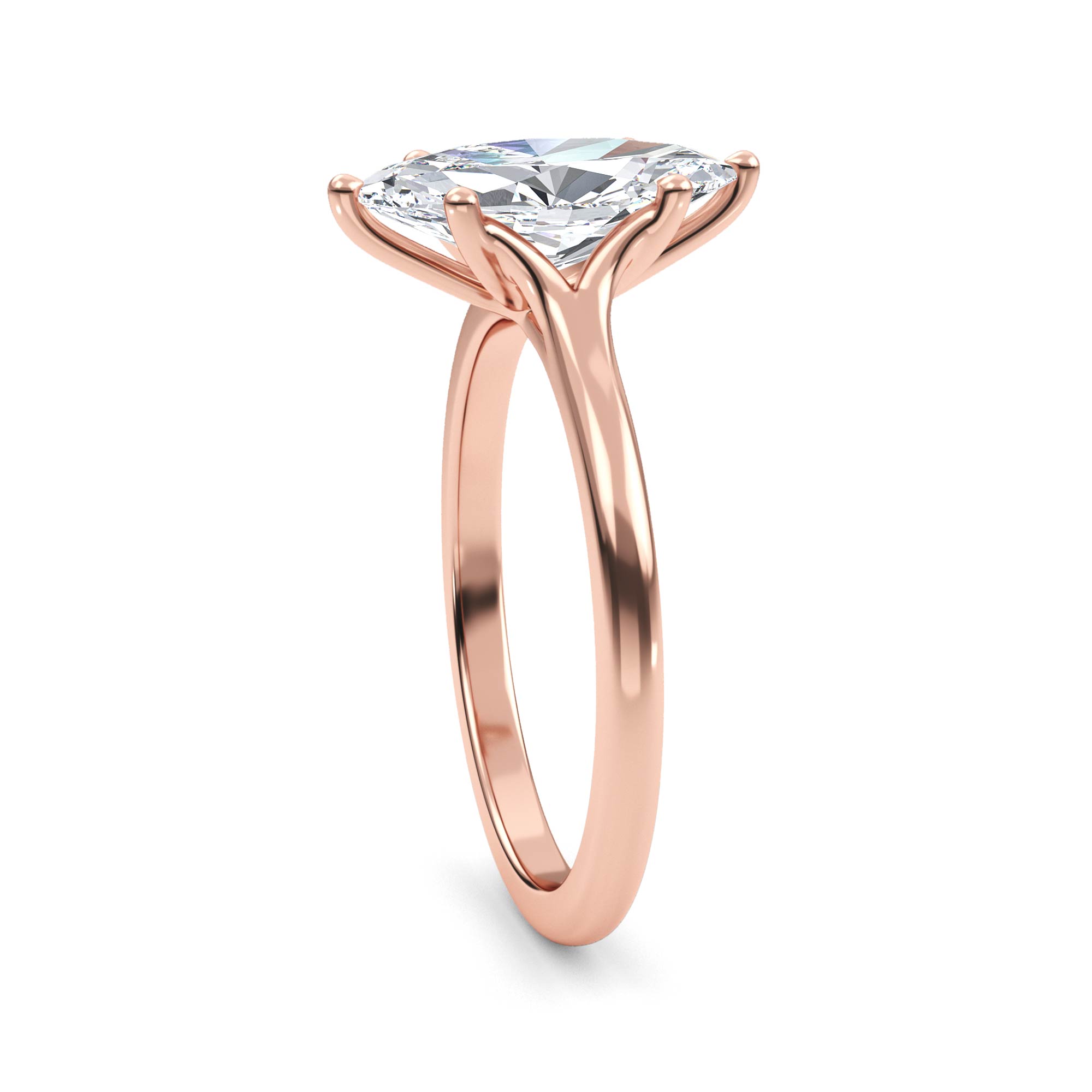 Shore, Six Prong Marquise Solitaire, One Small Stone Each Side in Rose Gold, marquise, plain background, alternate view