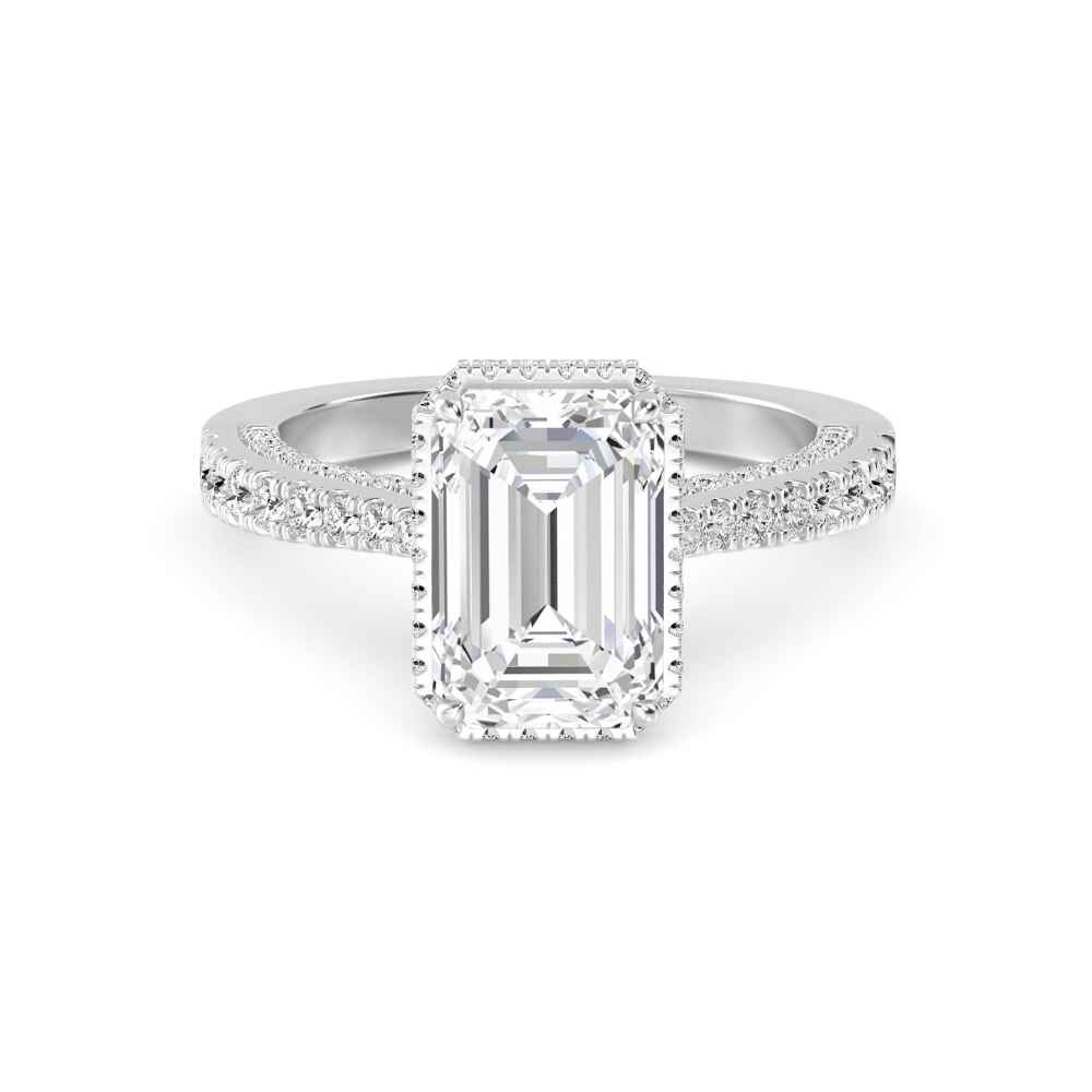 Tarn, Four Prong Emerald Solitaire, Pavé Band in White Gold, emerald, plain background
