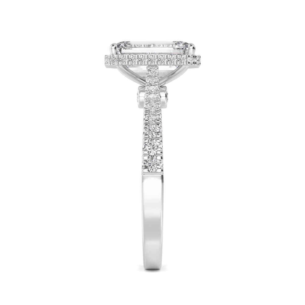 Tarn, Four Prong Emerald Solitaire, Pavé Band in White Gold, emerald, plain background, alternate view