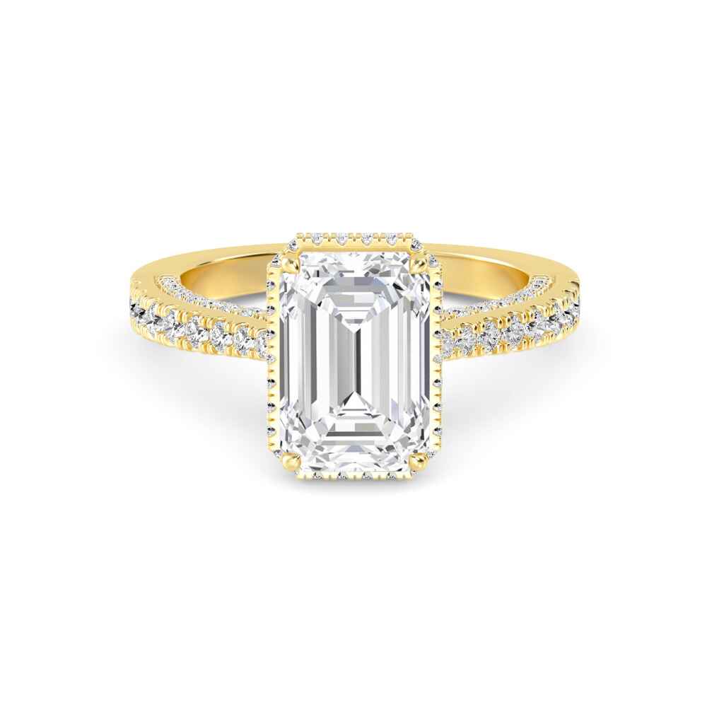 Tarn, Emerald Halo, Pavé Split Shank in Yellow Gold, emerald, plain background