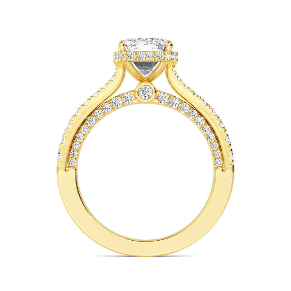 Tarn, Emerald Halo, Pavé Split Shank in Yellow Gold, emerald, plain background, alternate view