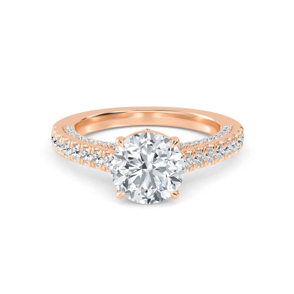 Verge, Four Prong Round Solitaire, Pavé Band in Rose Gold, round, plain background