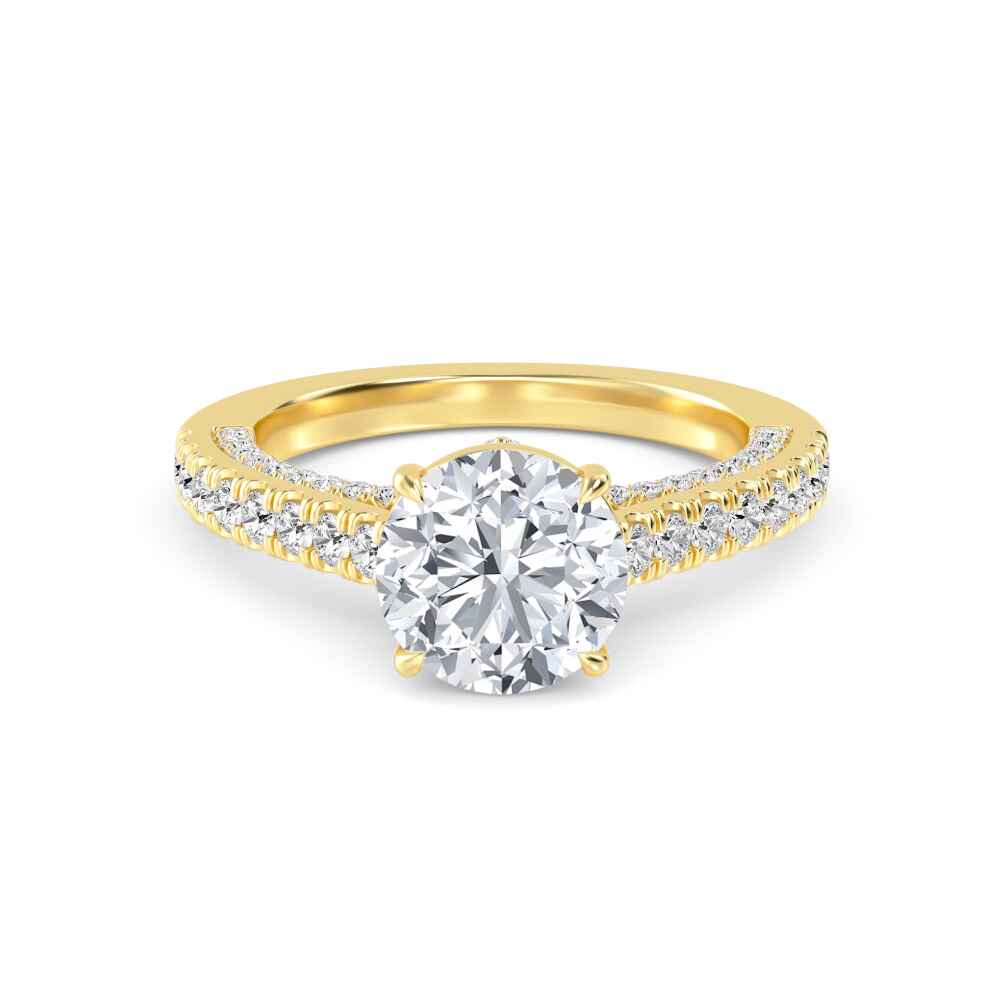 Verge, Four Prong Round Solitaire, Split Two-Row Pavé Band in Yellow Gold, round, plain background