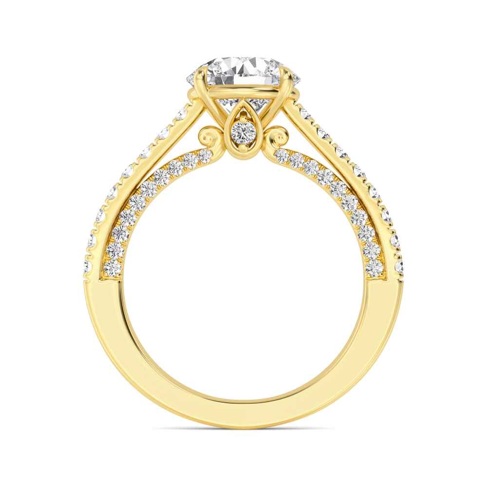 Verge, Four Prong Round Solitaire, Split Two-Row Pavé Band in Yellow Gold, round, plain background, alternate view