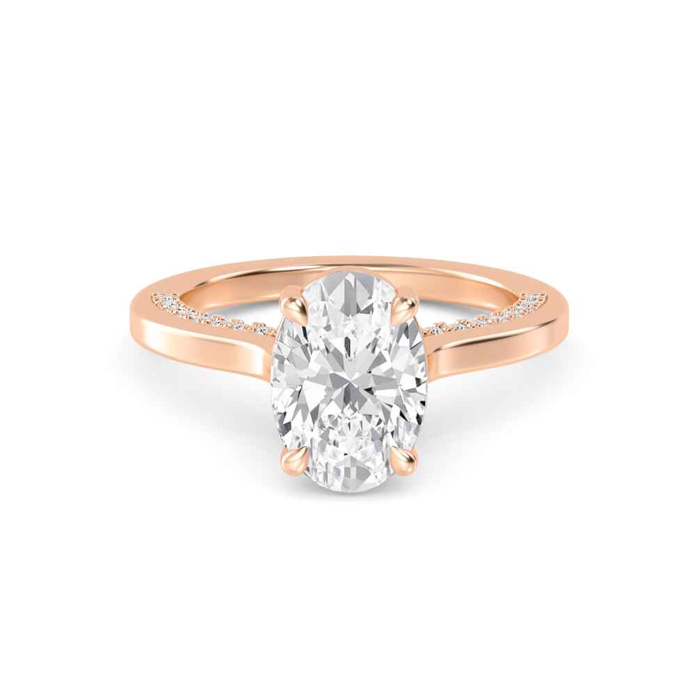 Tern, Four Prong Oval Solitaire, Pavé Band in Rose Gold, oval, plain background