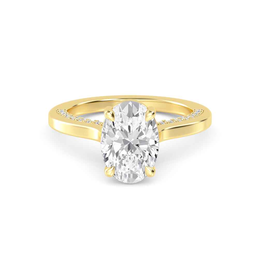 Tern, Four Prong Oval Solitaire, Edge-Set Pavé Band in Yellow Gold, oval, plain background