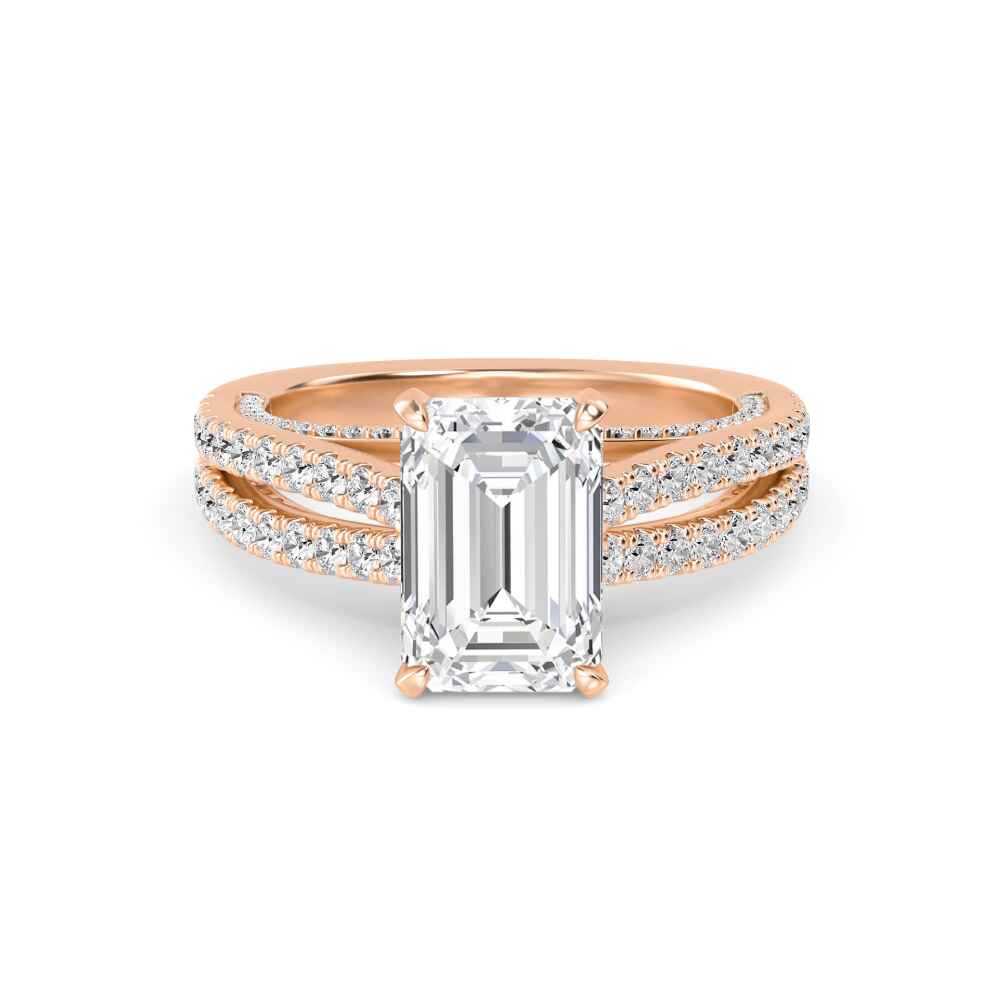 Alder, Four Prong Emerald Solitaire, Two-Row Pavé Band, Split Shank in Rose Gold, emerald, plain background