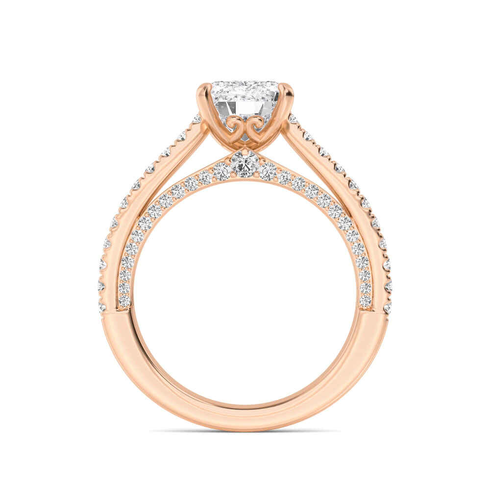 Alder, Four Prong Emerald Solitaire, Two-Row Pavé Band, Split Shank in Rose Gold, emerald, plain background, alternate view