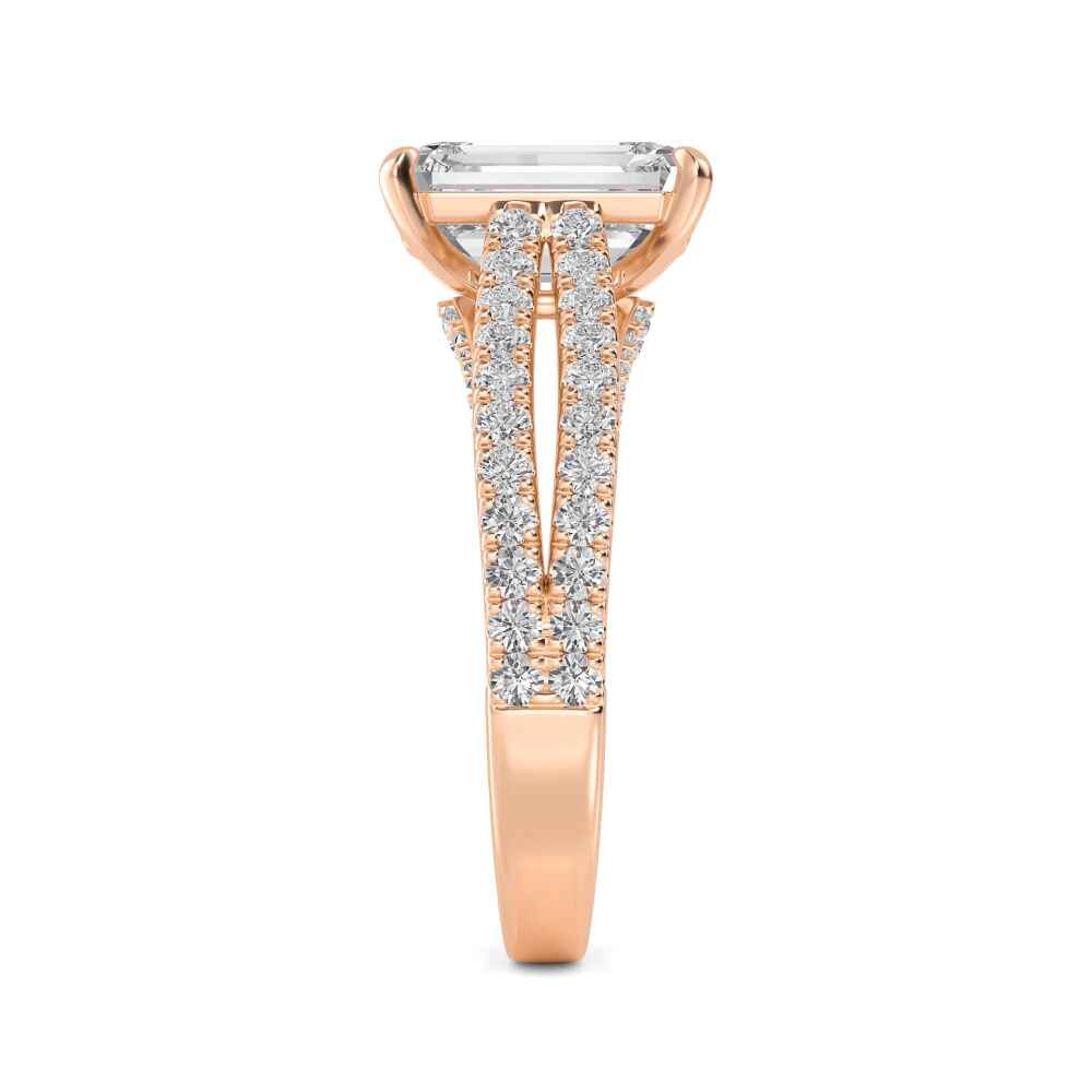 Alder, Four Prong Emerald Solitaire, Two-Row Pavé Band, Split Shank in Rose Gold, emerald, plain background, alternate view