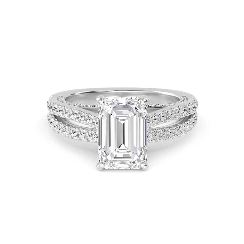 Alder, Four Prong Emerald Solitaire, Pavé Band, Split Shank in White Gold, emerald, plain background