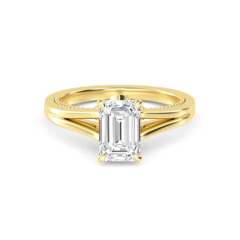 Bay, Four Prong Emerald Solitaire, Split Shank in Yellow Gold, emerald, plain background