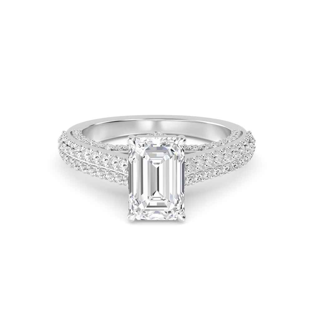 Eave, Four Prong Emerald Solitaire, Pavé Band in White Gold, emerald, plain background