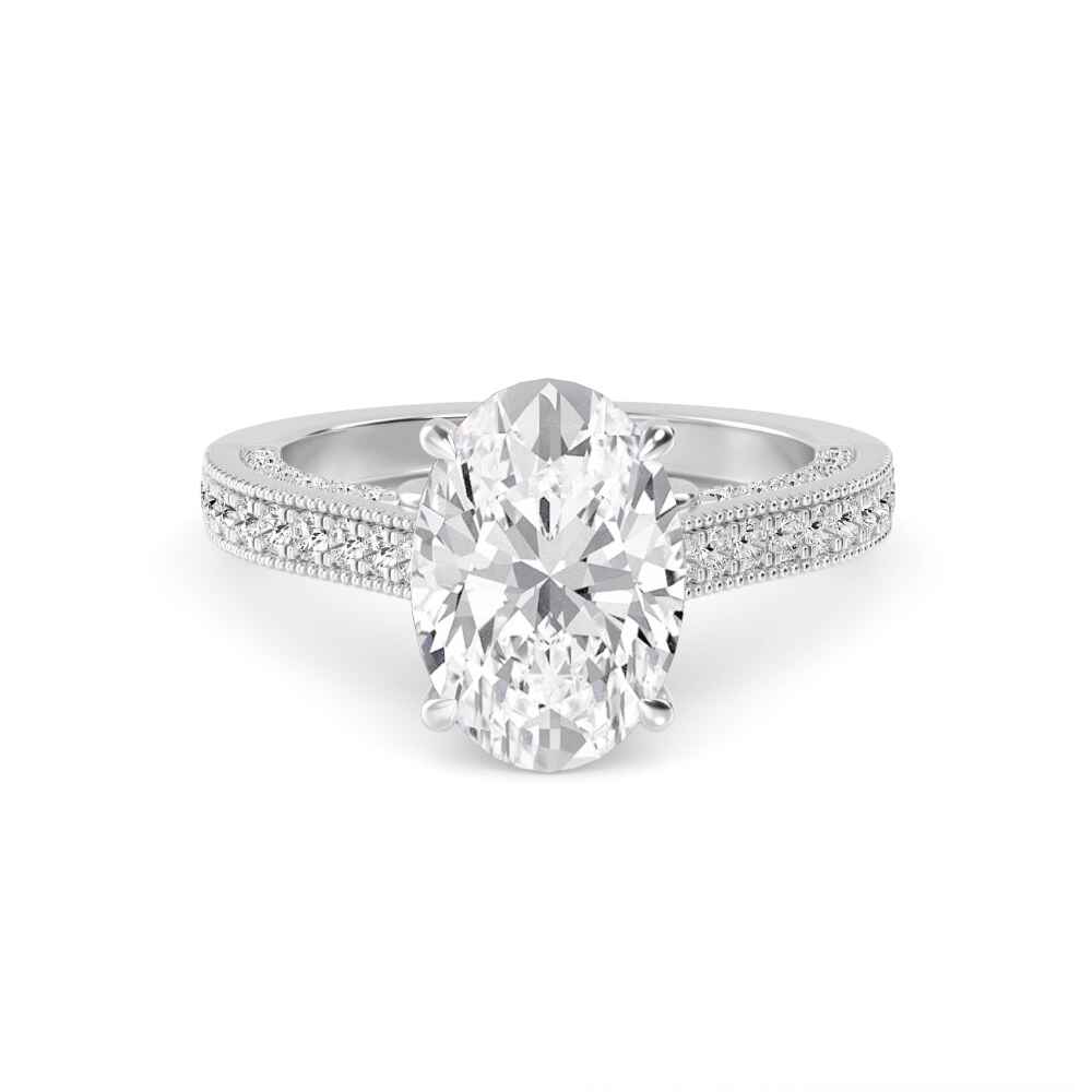 Fold, Four Prong Oval Solitaire, Milgrain Pavé Band in White Gold, oval, plain background