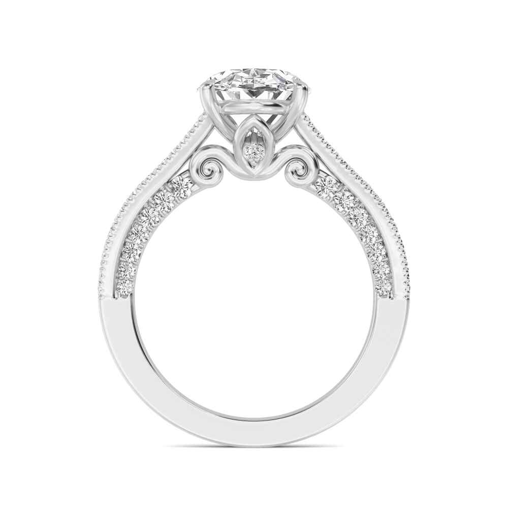 Fold, Four Prong Oval Solitaire, Milgrain Pavé Band in White Gold, oval, plain background, alternate view