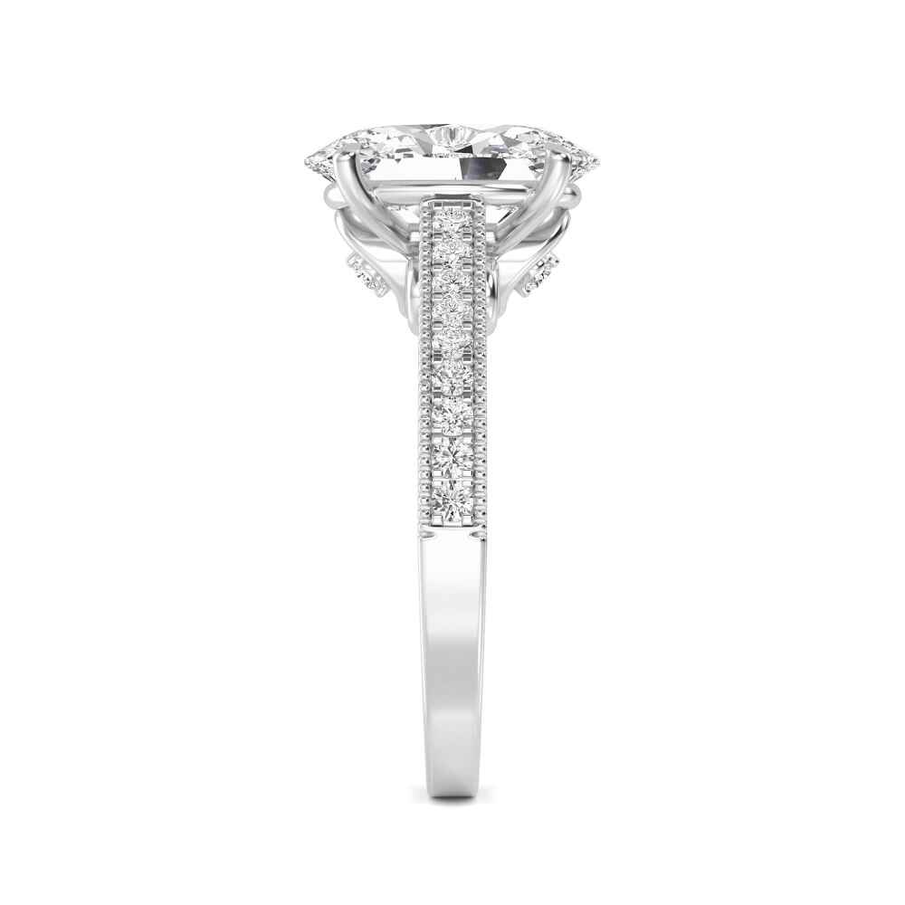 Fold, Four Prong Oval Solitaire, Milgrain Pavé Band in White Gold, oval, plain background, alternate view