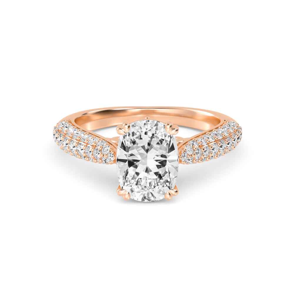 Gale, Four Prong Cushion Solitaire, Pavé Band in Rose Gold, cushion, plain background