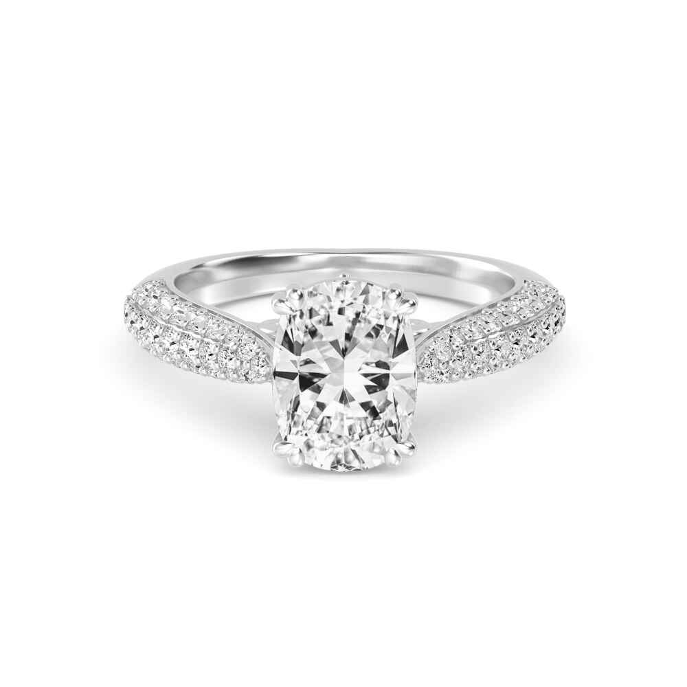 Gale, Four Prong Cushion Solitaire, Pavé Band in White Gold, cushion, plain background