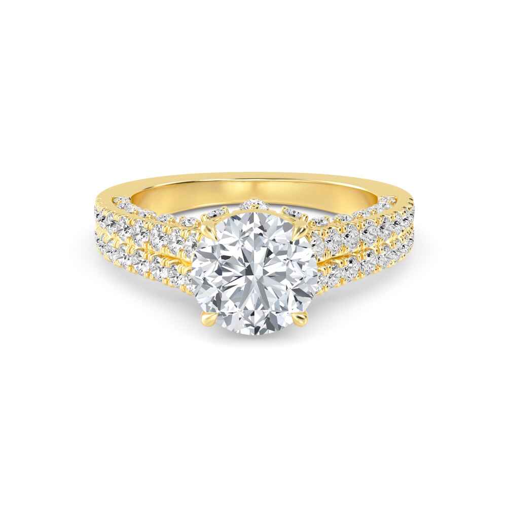 Inlet, Four Prong Round Solitaire, Three-Row Pavé Band in Yellow Gold, round, plain background
