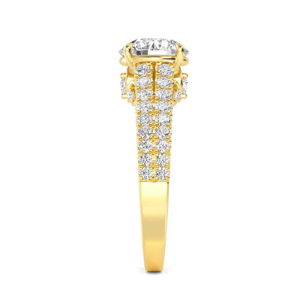 Inlet, Four Prong Round Solitaire, Three-Row Pavé Band in Yellow Gold, round, plain background, alternate view