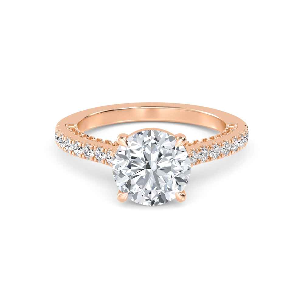 Keel, Four Prong Round Solitaire, Pavé Band in Rose Gold, round, plain background