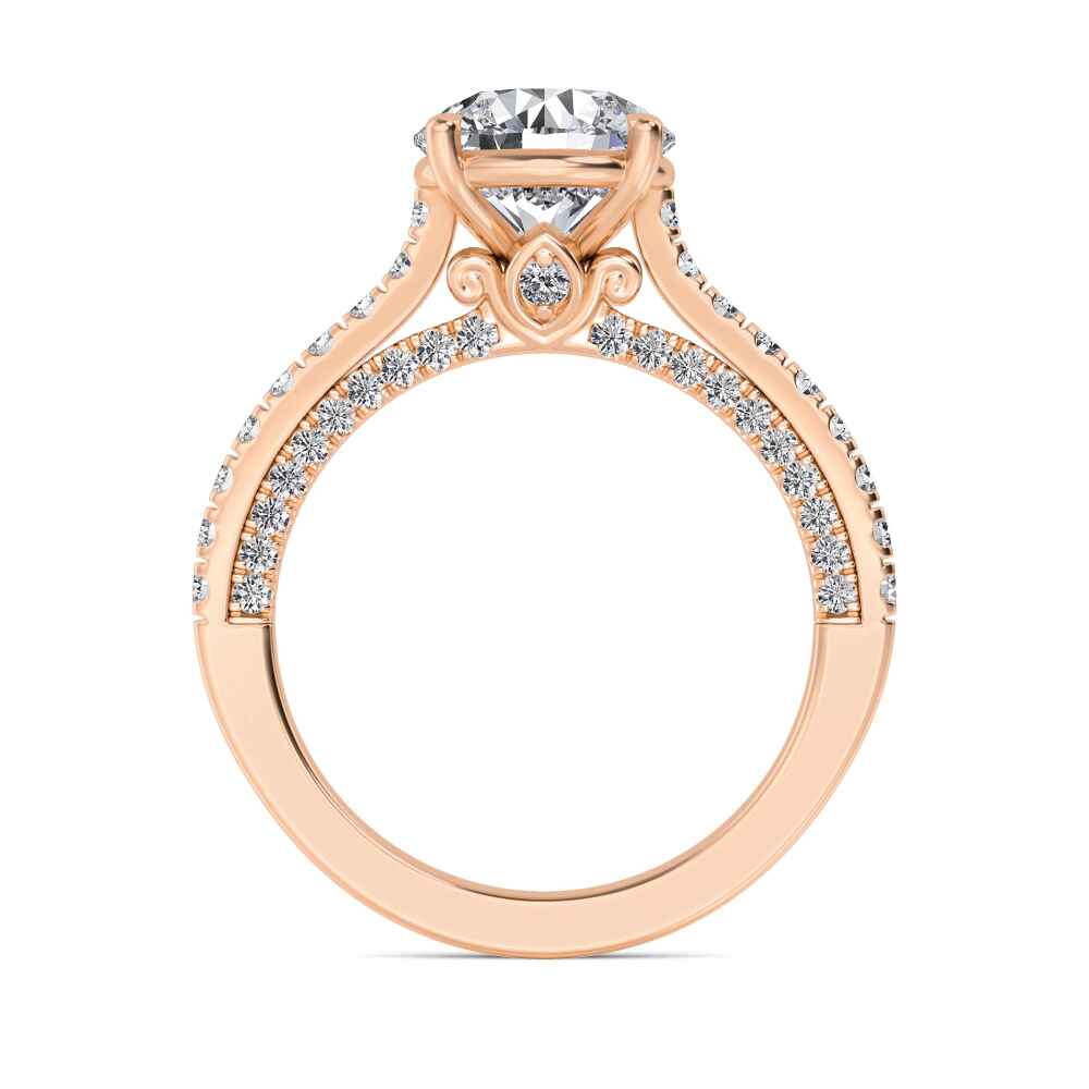 Keel, Four Prong Round Solitaire, Pavé Band in Rose Gold, round, plain background, alternate view