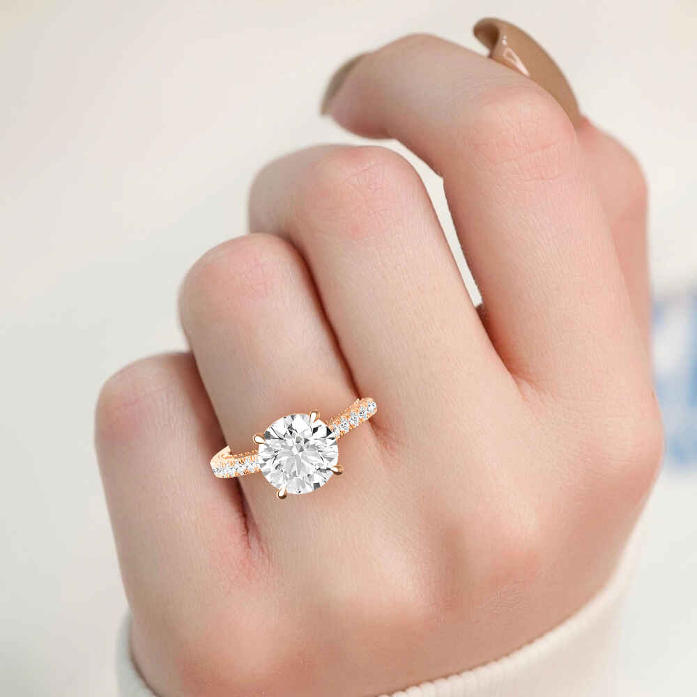 Keel, Four Prong Round Solitaire, Pavé Band in Rose Gold, round, plain background, alternate view