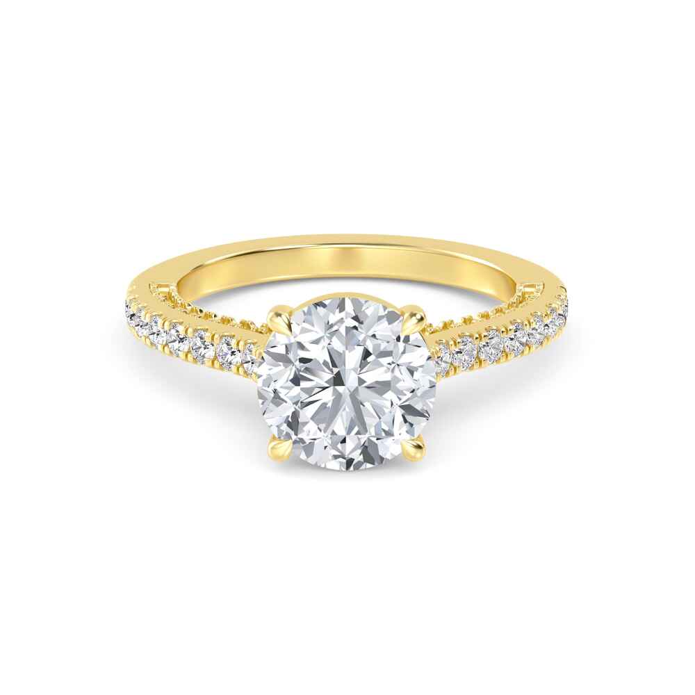 Keel, Four Prong Round Solitaire, Double Pavé Band in Yellow Gold, round, plain background