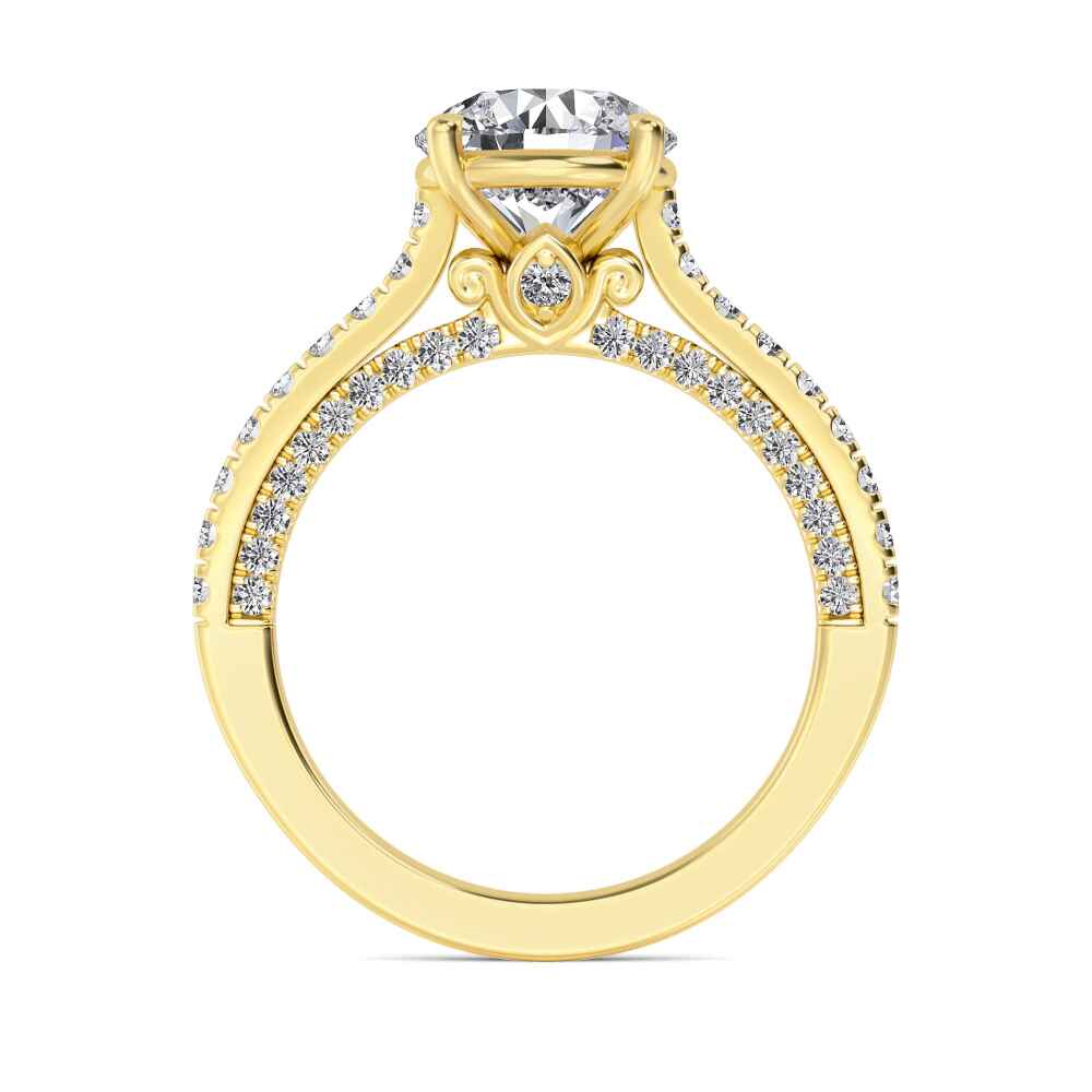 Keel, Four Prong Round Solitaire, Double Pavé Band in Yellow Gold, round, plain background, alternate view