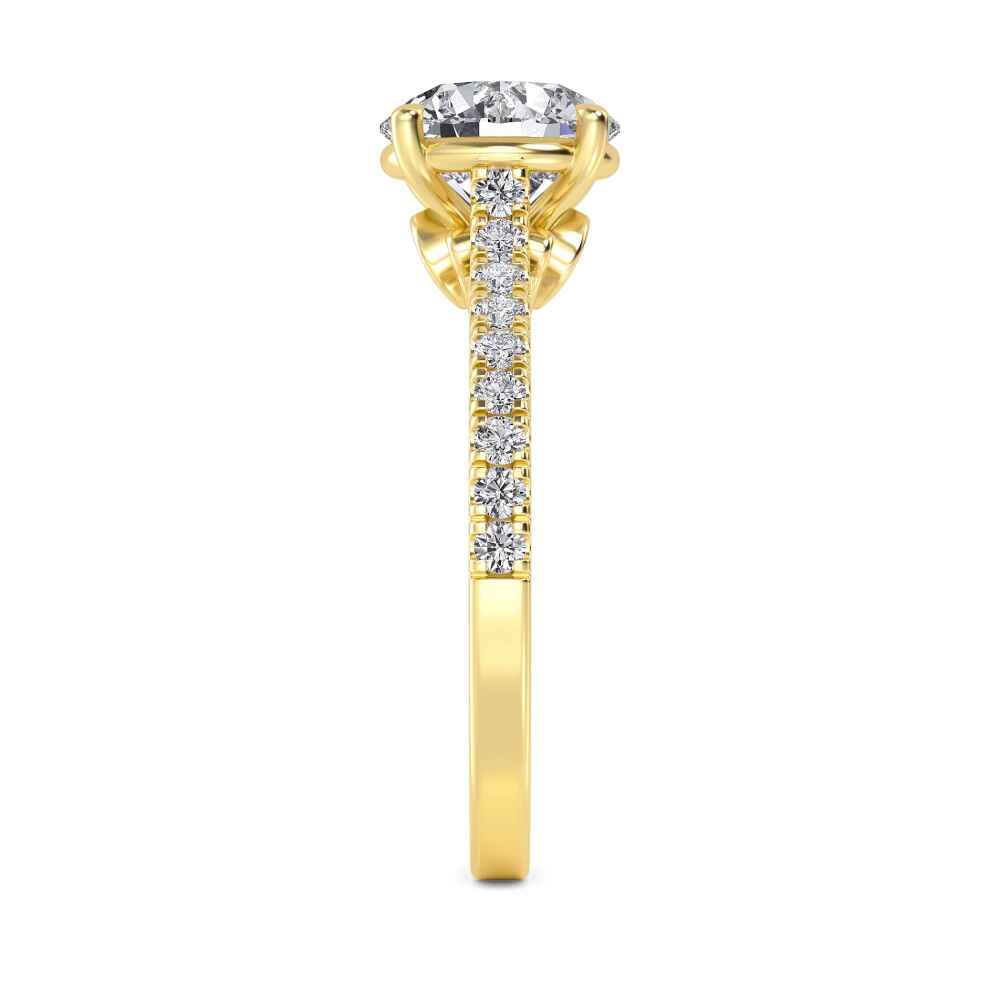 Keel, Four Prong Round Solitaire, Double Pavé Band in Yellow Gold, round, plain background, alternate view