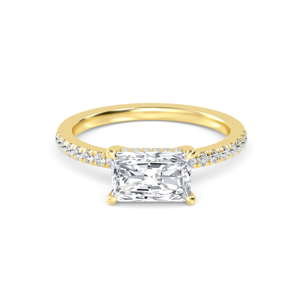 Moss, Four Prong Radiant East-West Solitaire, Pavé Band in Yellow Gold, radiant, plain background