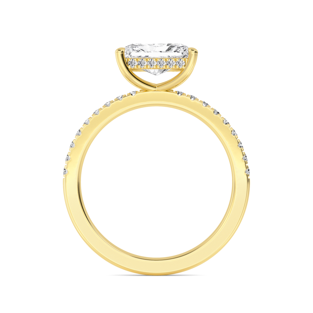 Moss, Four Prong Radiant East-West Solitaire, Pavé Band in Yellow Gold, radiant, plain background, alternate view