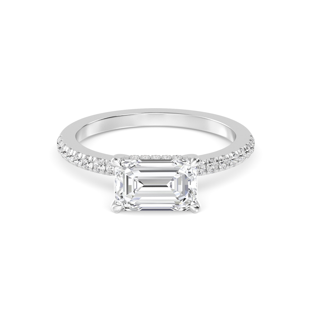 Laurel, Four Prong Emerald East-West Solitaire, Pavé Band, Hidden Halo in White Gold, emerald, plain background