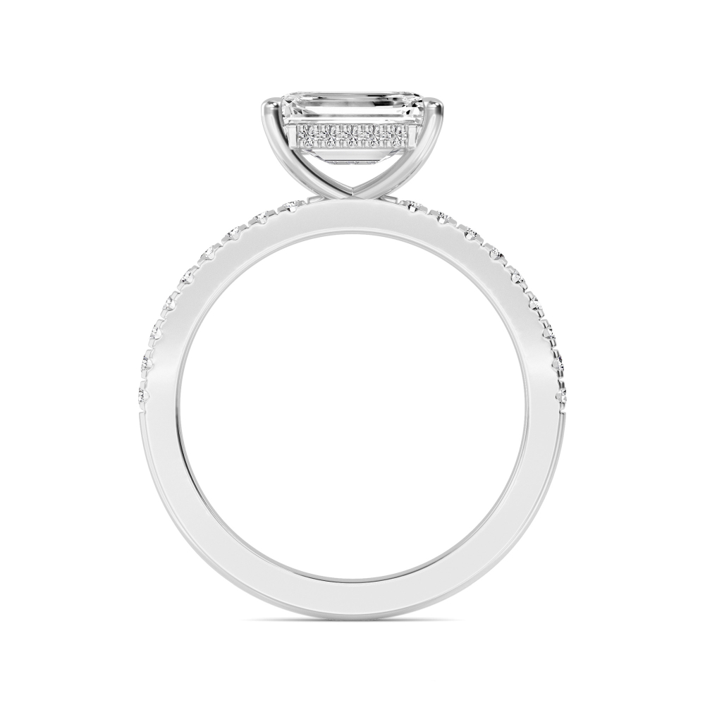 Laurel, Four Prong Emerald East-West Solitaire, Pavé Band, Hidden Halo in White Gold, emerald, plain background, alternate view